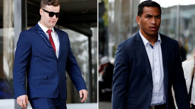 Dane Cordner (left), Newcastle Knights prop Jacob Saifiti (right).