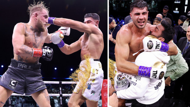 Tommy Fury punches Jake Paul during the Cruiserweight Title fight between Jake Paul and Tommy Fury at the Diriyah Arena on February 26, 2023 in Riyadh, Saudi Arabia. 