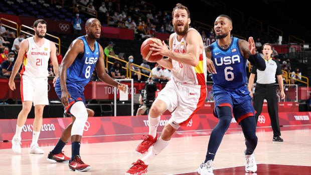 Sergio Rodriguez #6 of Team Spain drives to the basket against Damian Lillard #6 of Team United States during the first half of a Men's Basketball Quarterfinal game on day eleven of the Tokyo 2020 Olympic Games at Saitama Super Arena on August 03, 2021 in Saitama, Japan. (Photo by Gregory Shamus/Getty Images)