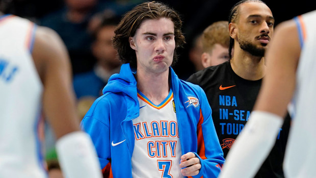 Josh Giddey pictured during a timeout in the Thunder's game against the Timberwolves