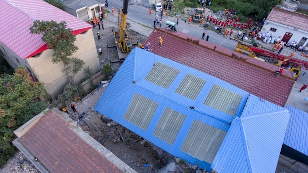 An aerial photo released by Xinhua News Agency, shows the collapsed two storey restaurant.