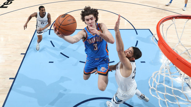 Josh Giddey #3 of the Oklahoma City Thunder in action against the Memphis Grizzlies 
