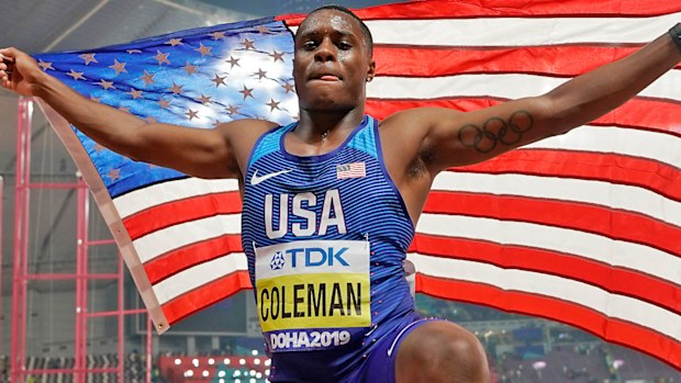 Christian Coleman, of the United States, celebrates winning the gold medal in the men's 100m final race at the World Athletics Championships in 2019