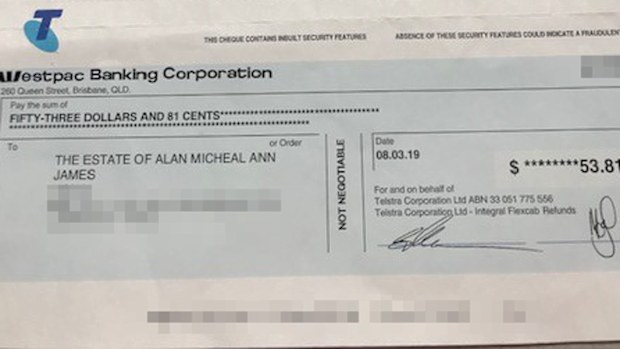 A copy of the cheque Telstra sent Ann which she is unable to bank.