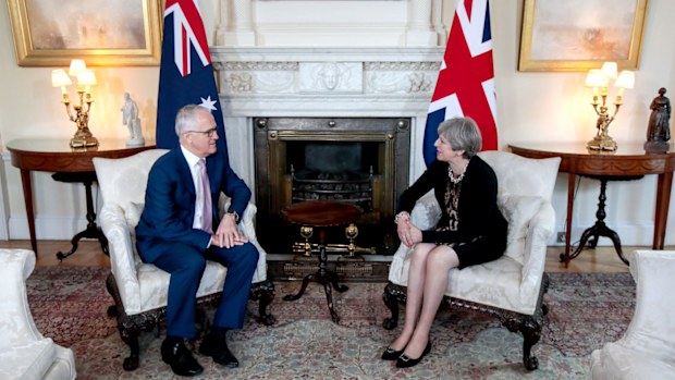 Malcolm Turnbull sits down with UK Prime Minister Theresa May. (AAP)
