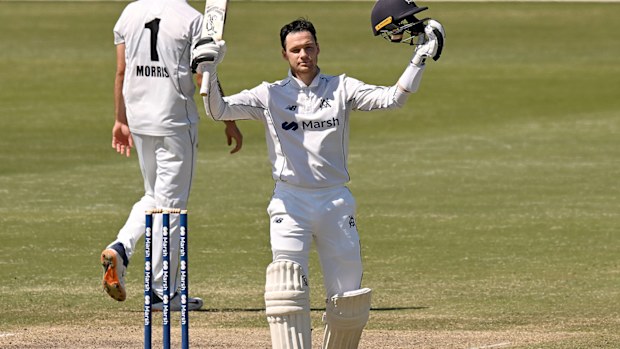 Victorian batter Peter Handscomb celebrates a double century against Western Australia in the Sheffield Shield.