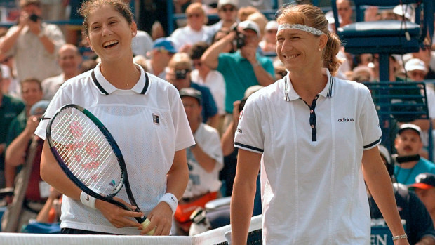 Monica Seles (left) and Steffi Graf, before the 1996 US Open final, which Graf won in straight sets.