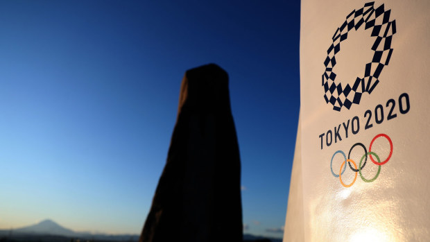 Tokyo 2020 signage is seen in Enoshima during the build up to the Tokyo 2020 Olympic Games 