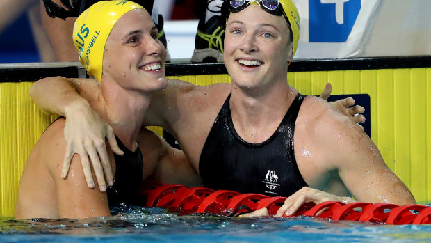 Bronte Campbell (left) with sister Cate at the 2018 Commonwealth Games.