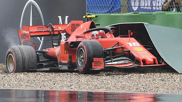 Charles Leclerc fell victim to the slippery run-off at the German Grand Prix.