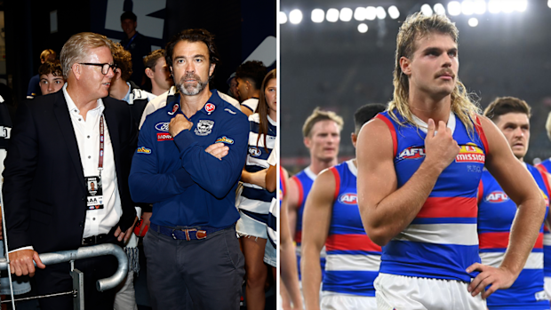 Geelong CEO Steve Hocking with coach Chris Scott, and Bulldogs player Bailey Smith.