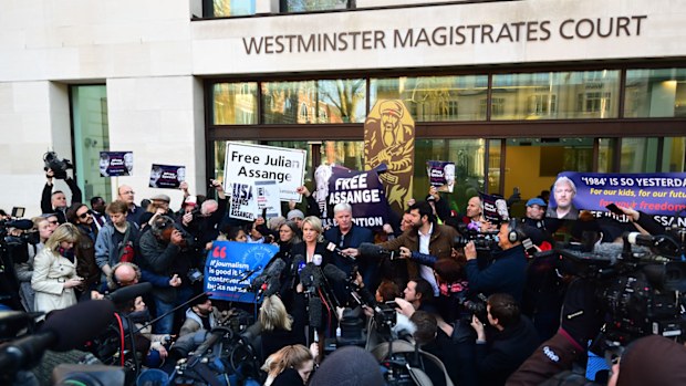 Kristinn Hrafnsson, Editor-in-chief of WikiLeaks and barrister Jennifer Robinson speak to the media outside Westminster Magistrates' Court in London.