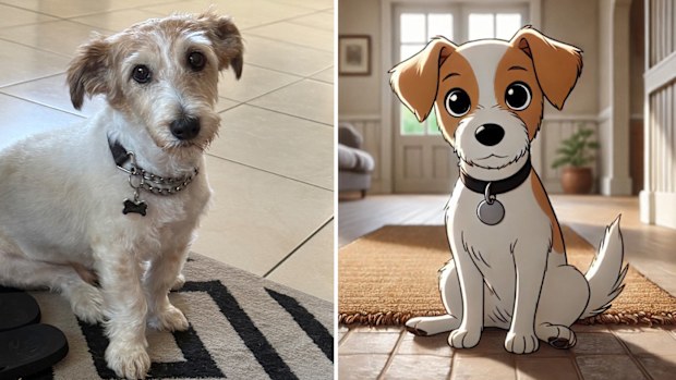 My dog in a cartoon art style, made by ChatGPT