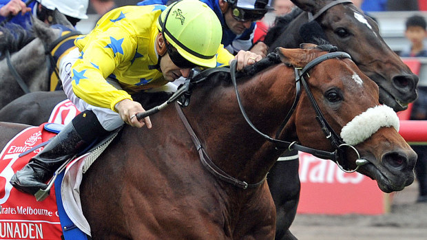 French horse Dunaden ridden by Christophe Lemaire gallops to victory in the 2011 Melbourne Cup 