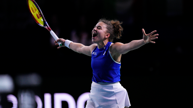 Jasmine Paolini of Team Italy celebrates her singles victory against Rebecca Sramkova of Team Slovakia during the Billie Jean King Cup finals.