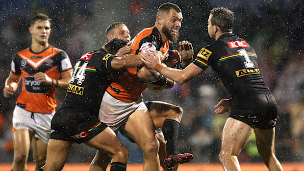 David Klemmer is tackled during the round nine NRL match between Penrith Panthers and Wests Tigers.