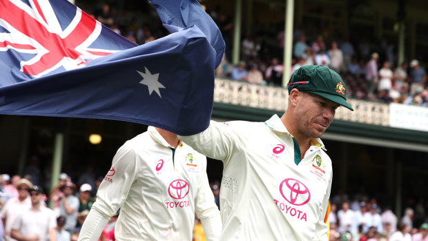 David Warner of Australia walks onto the field during day one of the Men's Third Test Match in the series between Australia and Pakistan at Sydney Cricket Ground on January 03, 2024 in Sydney, Australia. (Photo by Jason McCawley - CA/Cricket Australia via Getty Images)