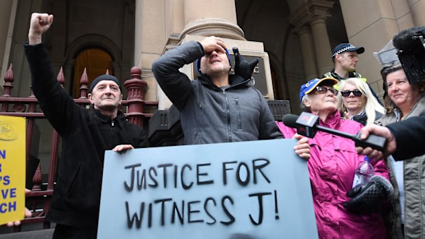 Supporters of abuse victims are seen outside the Supreme Court of Victoria as Cardinal George Pell appealed his conviction.