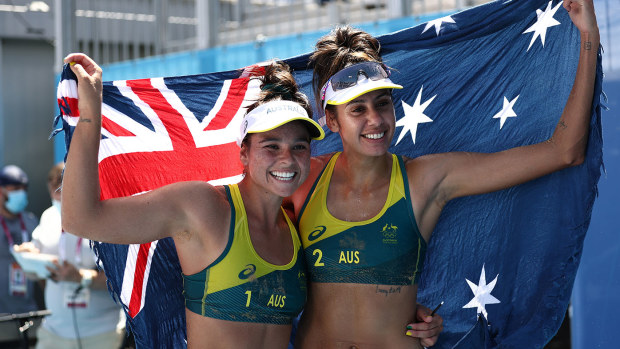 Mariafe Artacho del Solar #1 of Team Australia and Taliqua Clancy #2 celebrate after defeating Team Latvia during the Women's Semifinal beach volleyball on day thirteen of the Tokyo 2020 Olympic Games at Shiokaze Park on August 05, 2021 in Tokyo, Japan. (Photo by Maja Hitij/Getty Images)