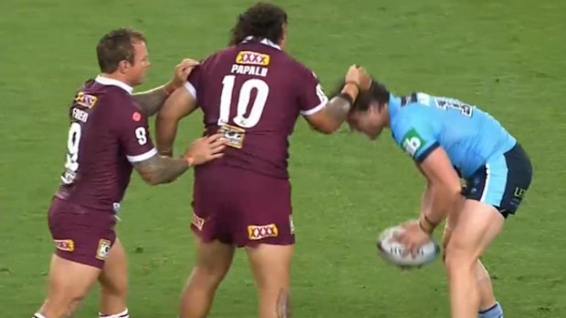 Josh Papalii pulls Angus Crichton's hair during Game Two