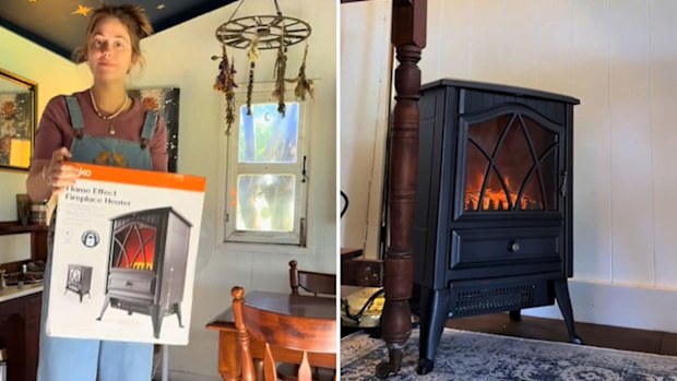 Kmart electric fireplace heater added to a cabin for warmth and ambience in winter