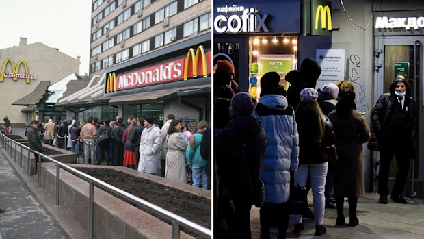 Russians line up for McDonald's following its opening in Moscow in 1990, and following news the franchise would be temporarily closing across the country in 2022.