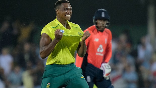 Lungi Ngidi celebrates after South Africa snatched a one-run win over England in their T20 match.