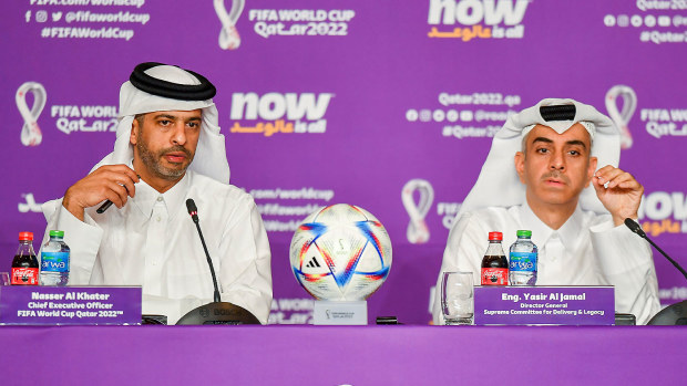 Qatar 2022 Chief Executive Officer Nasser Al Khater L and Supreme Committee for Delivery & Legacy Director General Yasir Al Jamal attend the press conference of One Month To Go to the FIFA World Cup Qatar 2022 in Doha