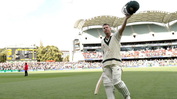 David Warner of Australia acknowledges the crowd as he leaves the field on 335 not out during day two of the 2nd Domain Test between Australia and Pakistan at the Adelaide Oval on November 30, 2019 in Adelaide, Australia.