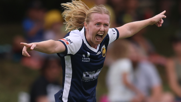 Paige Hayward celebrates a goal during the A-League Women round 14 match between the Central Coast Mariners and the Newcastle Jets.