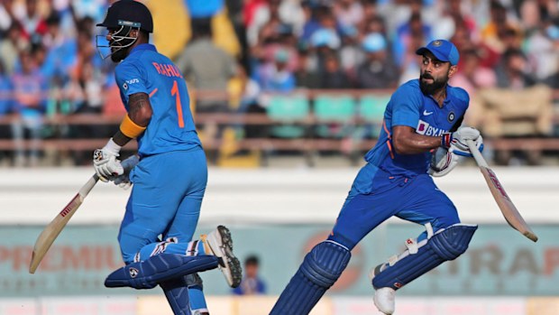 India's captain Virat Kohli, right, and Lokesh Rahul run between the wickets during the second one-day international cricket match