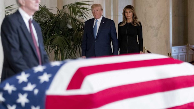Donald Trump was on his way to pay his respects to a late Supreme Court judge when he lashed out at 'the squad'.