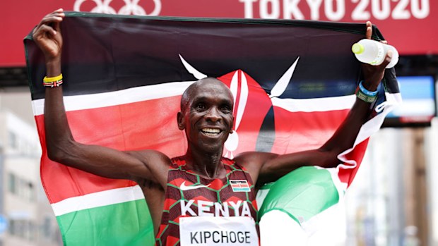 Eliud Kipchoge of Kenya celebrates winning back-to-back Olympic gold medals at the Tokyo Olympics in 2021.