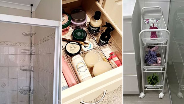 Telescopic shower caddy, Clear drawer insert set, Slim line white metal trolley, Kmart bathroom storage