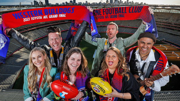 Amy Manford, Kav Temperly, Abbe May, Ian Kenny, Gina Williams and Guy Ghouse pose for a photograph during the AFL Grand Final entertainment announcement