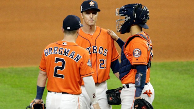 Zack Greinke #21 of the Houston Astros is taken out of the game against the Washington Nationals during the seventh inning