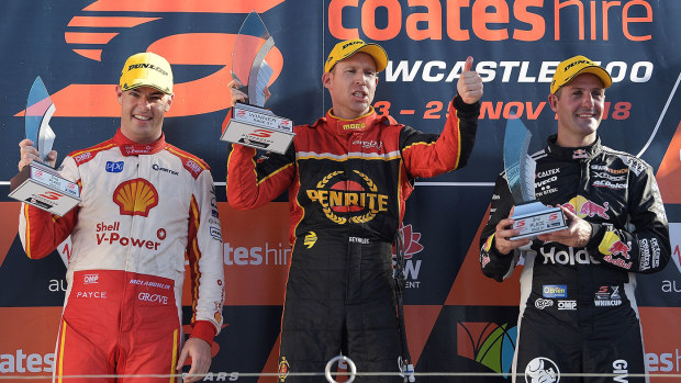 David Reynolds (centre) on the podium at Newcastle in 2018 with Scott McLaughlin (left) and Jamie Whincup.