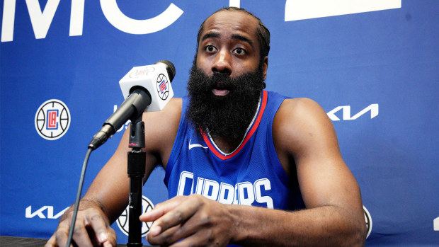 James Harden responds to a reporter's question as he is introduced as the newest member of the Los Angeles Clippers at a news conference at the NBA basketball team's training facility Thursday, Nov. 2, 2023, in Los Angeles. (AP Photo/Richard Vogel)