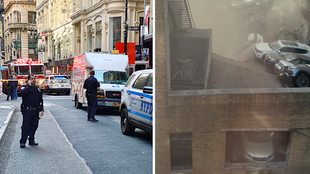 A parking garage has partially collapsed in New York City. 