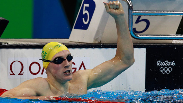 Mack Horton celebrates winning gold in the men's 400m freestyle at Rio 2016.