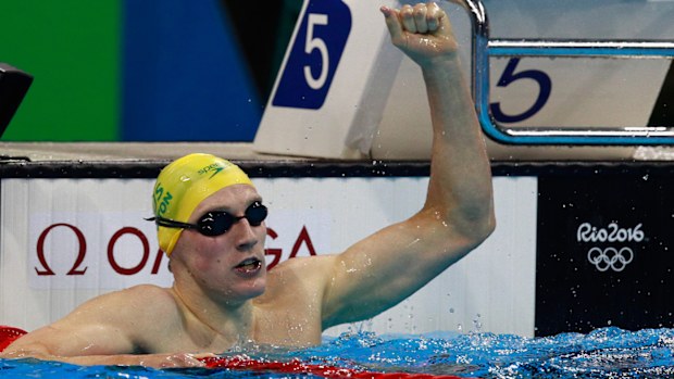 Mack Horton celebrates winning gold in the men's 400m freestyle at Rio 2016.