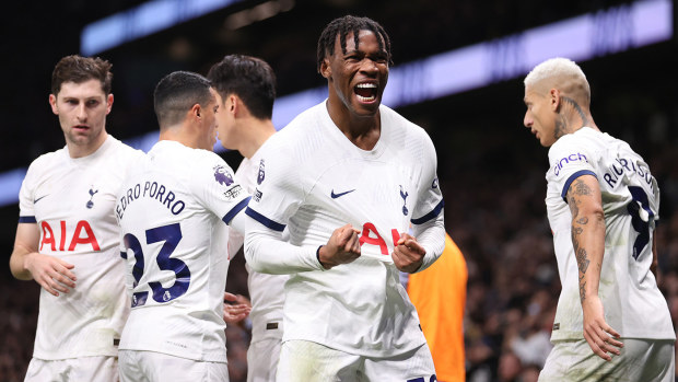 Destiny Udogie of Tottenham Hotspur celebrates after scoring their team's first goal during the Premier League match between Tottenham Hotspur and Newcastle United at Tottenham Hotspur Stadium on December 10, 2023 in London, England. (Photo by Julian Finney/Getty Images)