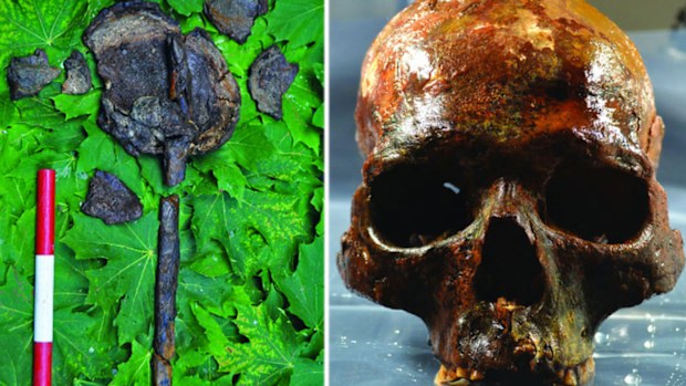 The skulls and stake found at Kanaljorden in Sweden. (Images: S.Gummesson et al).