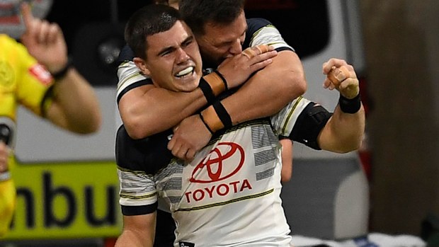 Jake Clifford of the Cowboys celebrates after scoring a try during the round 17 NRL match between the North Queensland Cowboys and the St George Illawarra Dragons