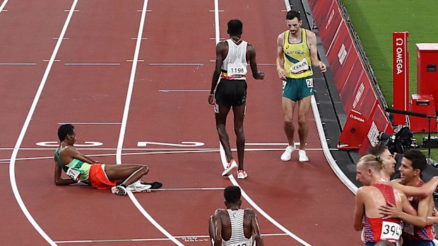 Patrick Tiernan struggling over the finish line of the men's 10,000m final at Tokyo 2020.