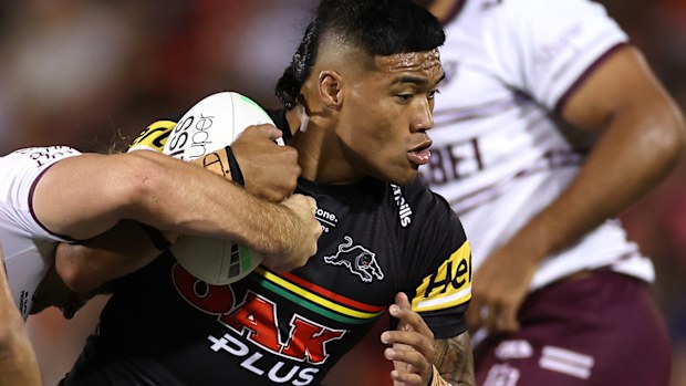 Brian To'o in action for Penrith against Manly in the opening round of the 2022 NRL season.