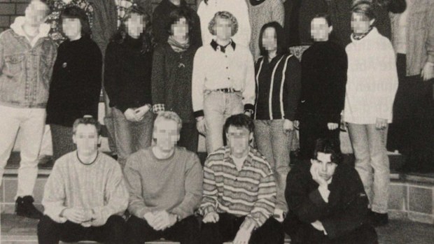 Tobias Rathjen, seen in the bottom corner of this high school photo, subscribed to QAnon, Nazi and incel ideologies.