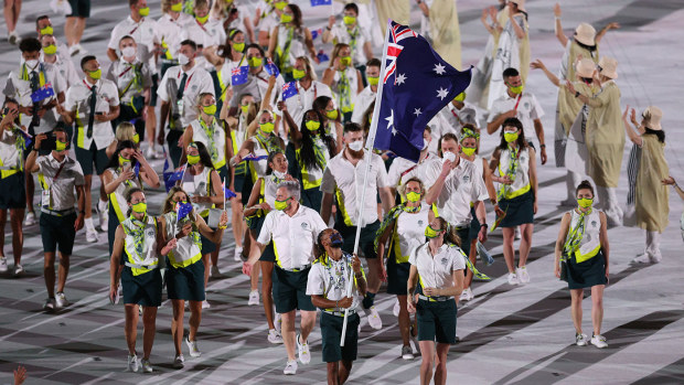 Australian athletes enter the stadium during the opening ceremony for the Tokyo Olympic Games.