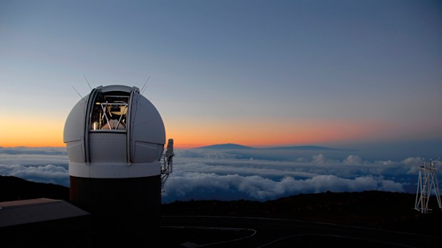 Observatory on Haleakala, Maui, Hawaii at sunset. In October 2017, the telescope discovered an object from another star system. It was given the name "Oumuamua," which in Hawaiian means a messenger from afar arriving first