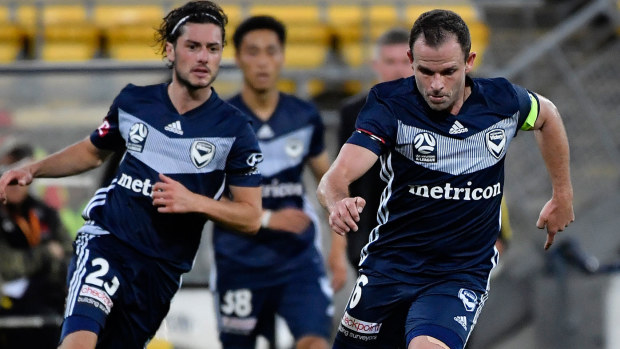 Leigh Broxham of Melbourne Victory during the round 23 A-League match against Wellington Phoenix 